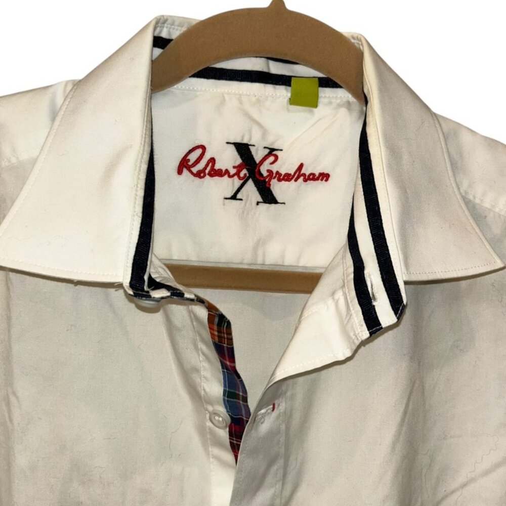 Robert Graham white black short sleeved crisp cotton button down shirt L plaid - Picture 2 of 6